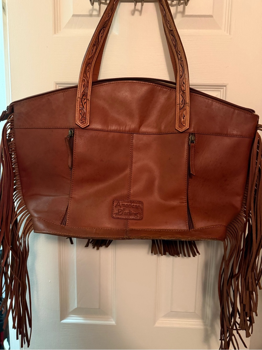 American Darling Tooled Leather Fringe Tote - Brown - Picture 2 of 6